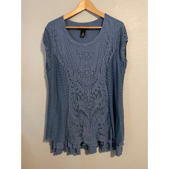 Ali Miles Womens Tunic XL Blue Lace Mesh Floral Embroidered Lined Artsy Boho - Picture 1 of 7